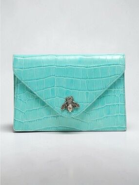 Vintage Teal Croc Embossed Leather Envelope Clutch w/ Silver Bumble Bee